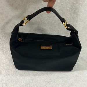 Kate Spade black satin and leather zippered handbag